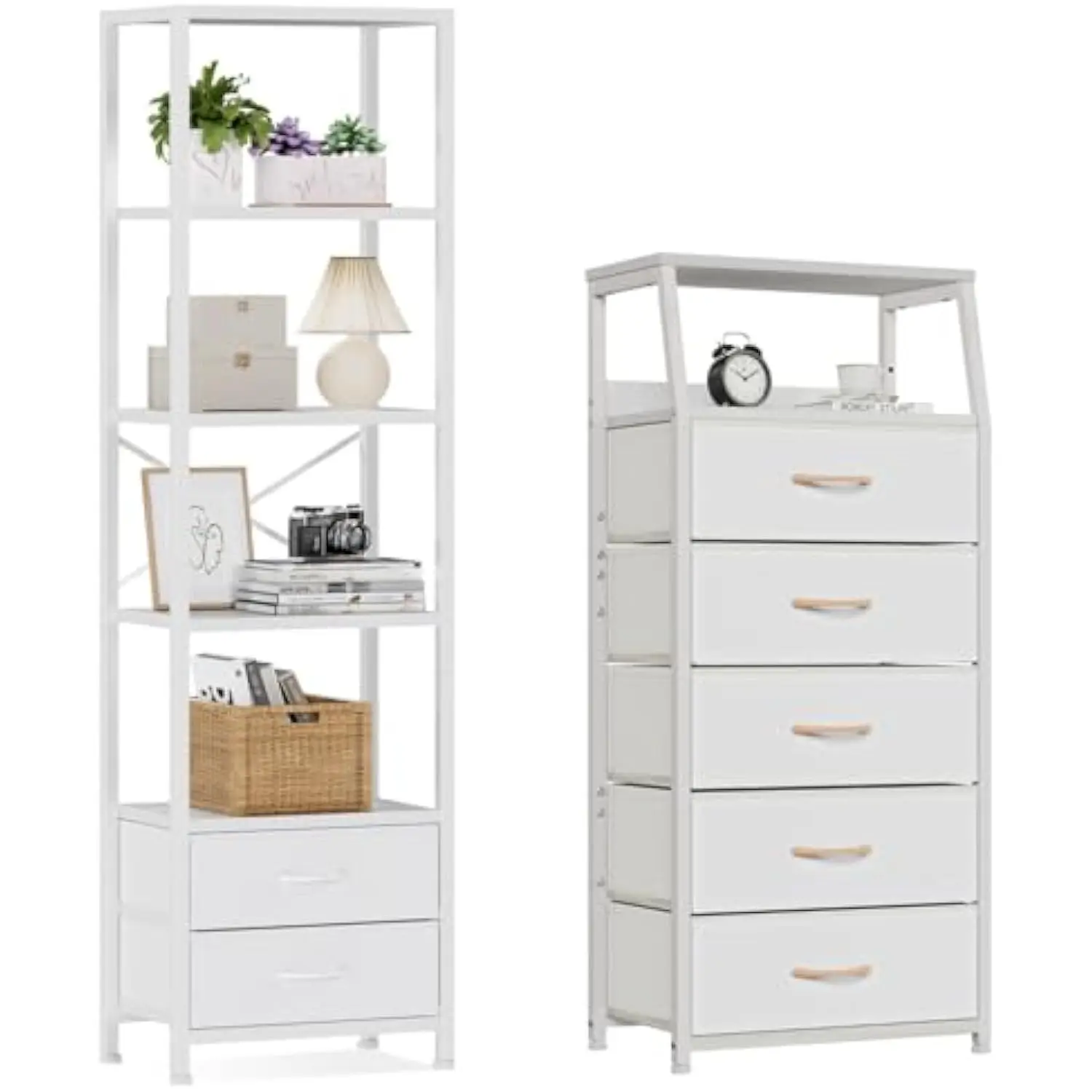 

White dresser with 5 drawers, vertical storage tower fabric dresser for bedroom + 5-tier corner shelf, narrow bookshelf with 2