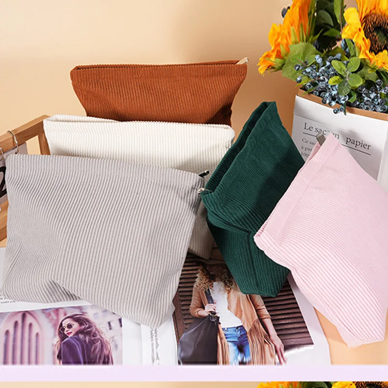 Solid Color Corduroy Makeup Pouch Cosmetic Bag Large Capacity Storage Bag Portable Wash Skincare Toiletry Bag Travel Organizer