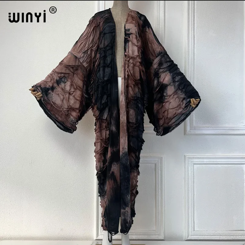 WINYI-Kimono de pasarela para mujer, abrigo con dobladillo de burbuja estampado, cárdigan de manga larga, ropa de playa de lujo abaya de Dubái, vestido bohemio caftán