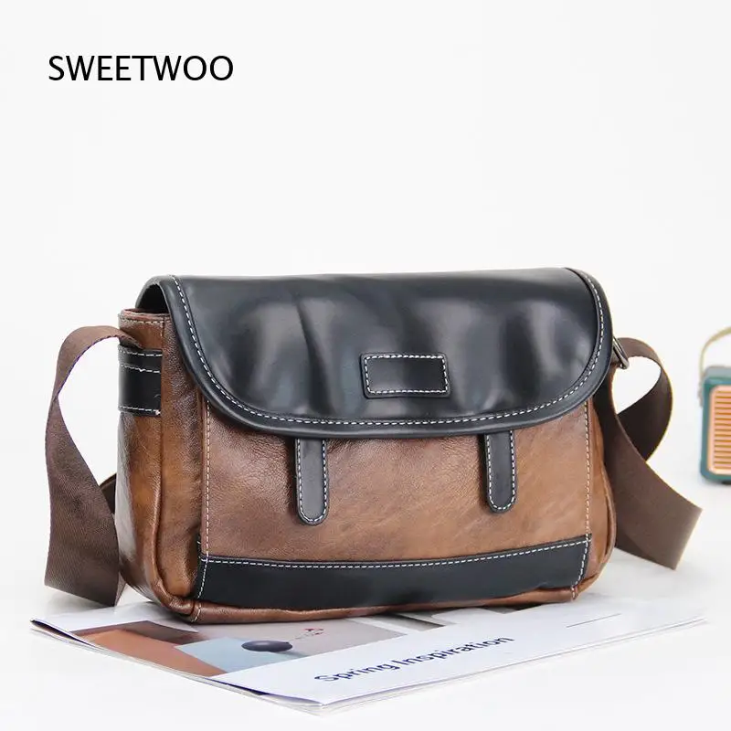 Men Vintage Color Block Faux Leather Messenger Bag Casual Crossbody Shoulder Bag Retro Flap Satchel Bag for Daily Work