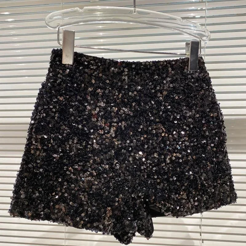 Black Silver Zipper Nightclub Shorts Full Shiny Sequins Women Shorts Hotpants High Waist Woman Shorts Calsones De Mujer