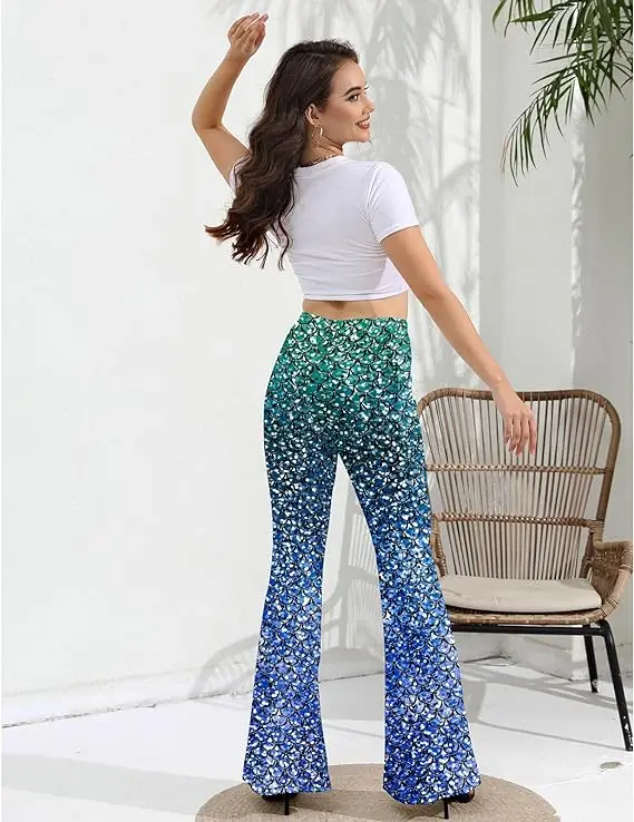 [You\'re My Secret] Women Halloween Carnival Mermaid Bell Bottom Pants Fish Scale Print High Waisted Colorful Shiny Scale Pants