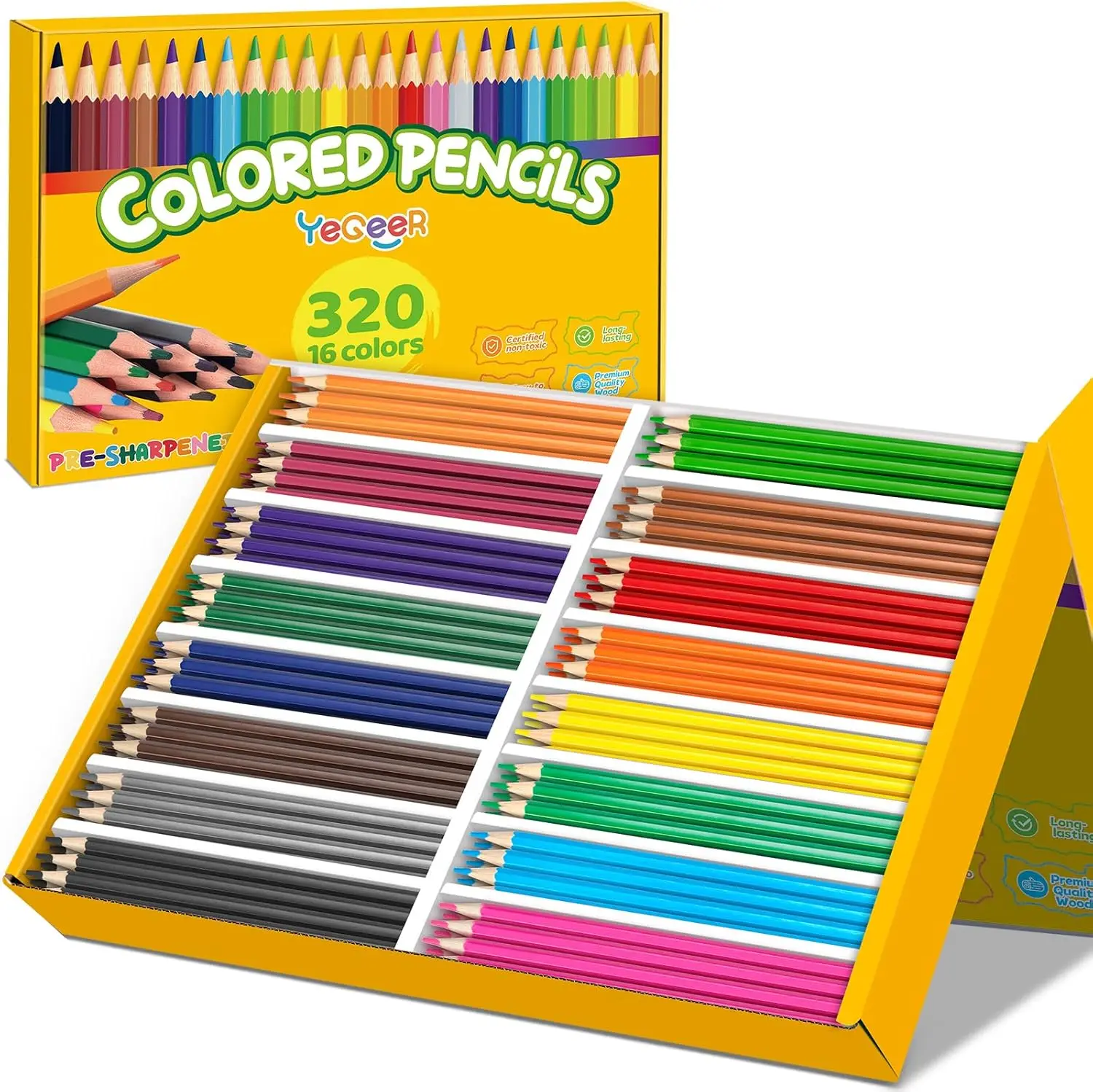 

320 Colored Pencils Bulk, 16 Assorted Colors Pre-sharpened for Kids & Adults, Classroom Supplies