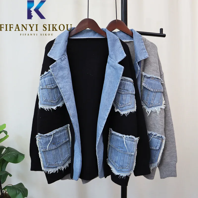 Spliced Denim Knitted Sweater Jacket Women Autumn Winter Cardigan Lapel Fashion Multiple Pockets Knit Coat Loose Sweaters Female