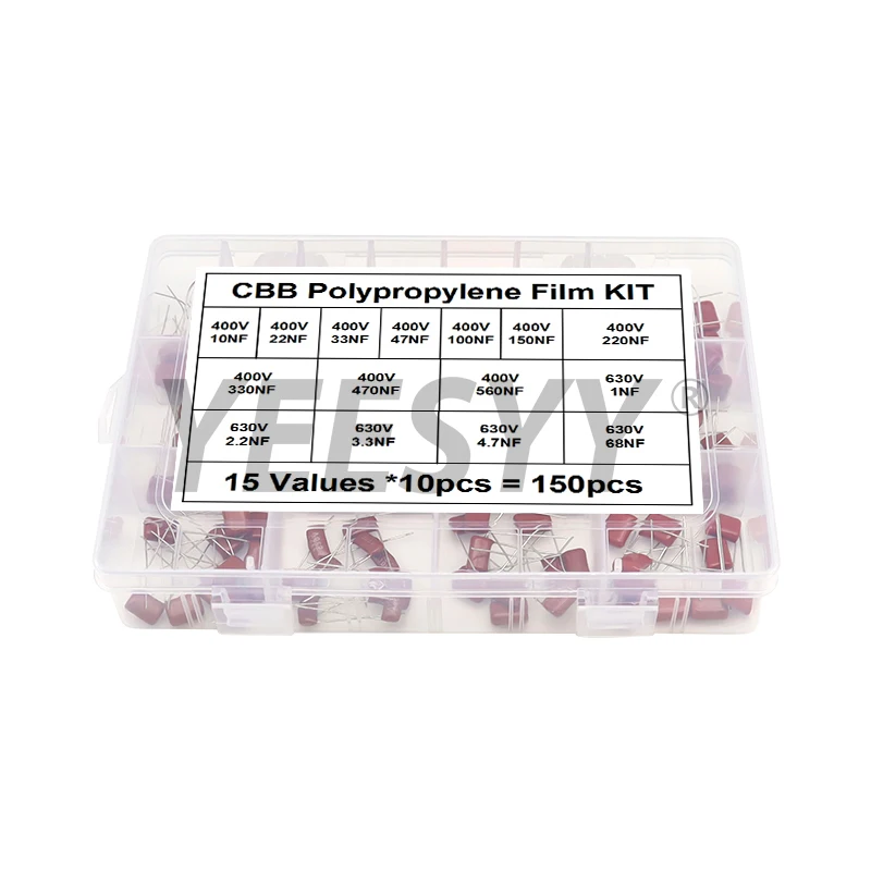 Kit de condensadores de película de polipropileno CBB, 150 Uds., 10NF - 68NF 400V 630V, surtido de capacitancia 22NF 47NF 100NF 220NF 470NF 560NF