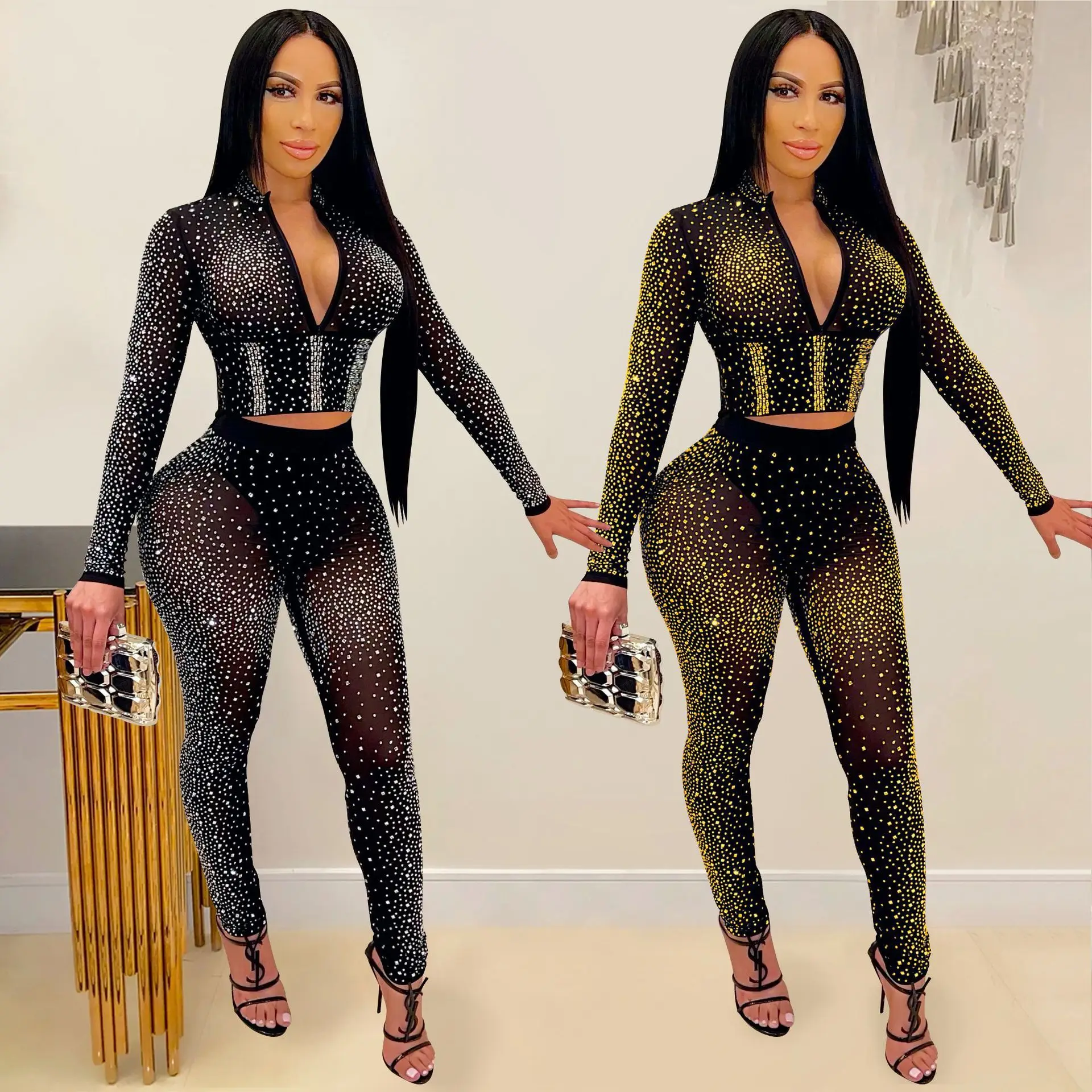 

Women's clothing fashionable and sexy tight mesh, perspective long-sleeved hot diamond two-piece pants set, women's thin tempera