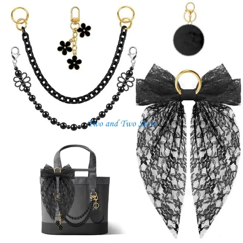 HX6F Pack of 5 Multifunctional DIY Charm Accessories with Elegant Bowknot Design Soft Plush Ball Pearls Strand Decors for Keys