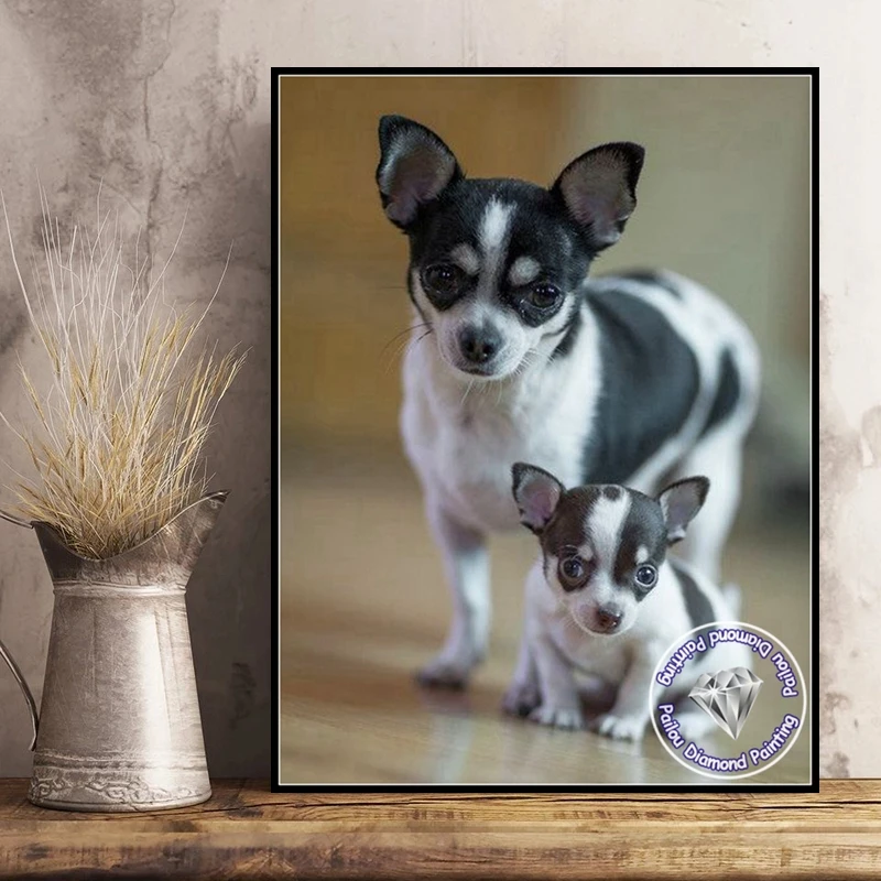 Long Hair Black And White Chihuahua Dog Diamond Art Painting Kits Cute Small Puppy Pet Animal Crystal Cross Stitch Room Decor