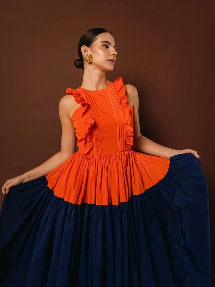 Abito da ballo in due pezzi arancione e blu navy con volant in raso e gonna lunga Abiti da sera Abito da festa formale da donna