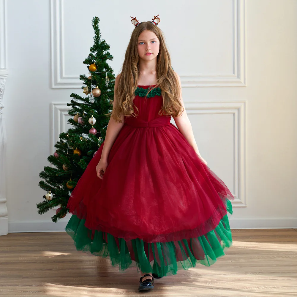 

Christmas Princess Dress Green Color Blocked Puffy Bridesmaid Dresses For Girls Elegant Children Party Formal Long Petal Costume