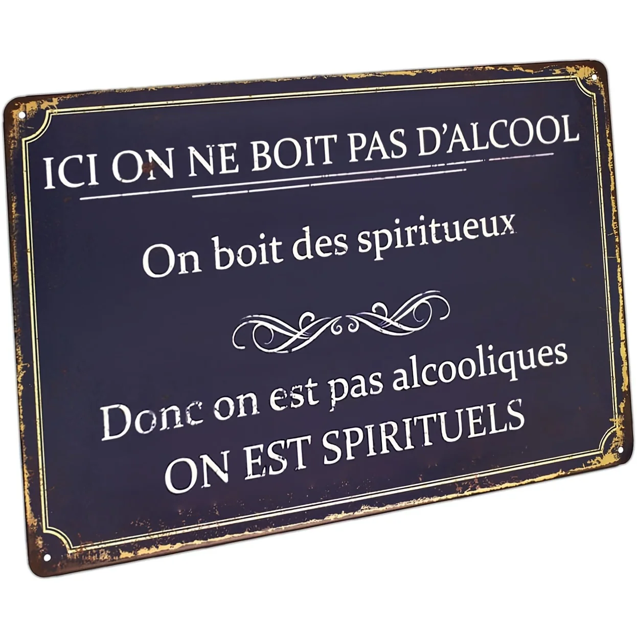 لافتة معدنية عتيقة "Ici on ne boit pas d'alcool" |   لوحة جدارية مزخرفة بفكاهة فرنسية، لوحة اقتباس روحي، حانة بار منزلية قديمة