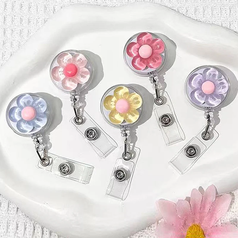 Cute Transparent Floral Badge Reel For Women Retractable Worker ID Card Pull Buckle Doctore Nurse ID Card Badge Holder Clip
