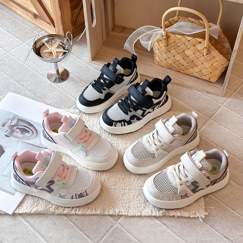 

Kids Star Graffiti Mesh Sneakers Boys Girls Breathable Mesh Casual Skate Shoes Velcro Strap Non-slip Thick Sole Summer Toddler