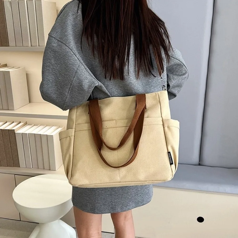 

Thickened Canvas Handbag Zipper Japanese Style Commuting Crossbody Bag Single Shoulder Solid Color Storage Pouch Travel