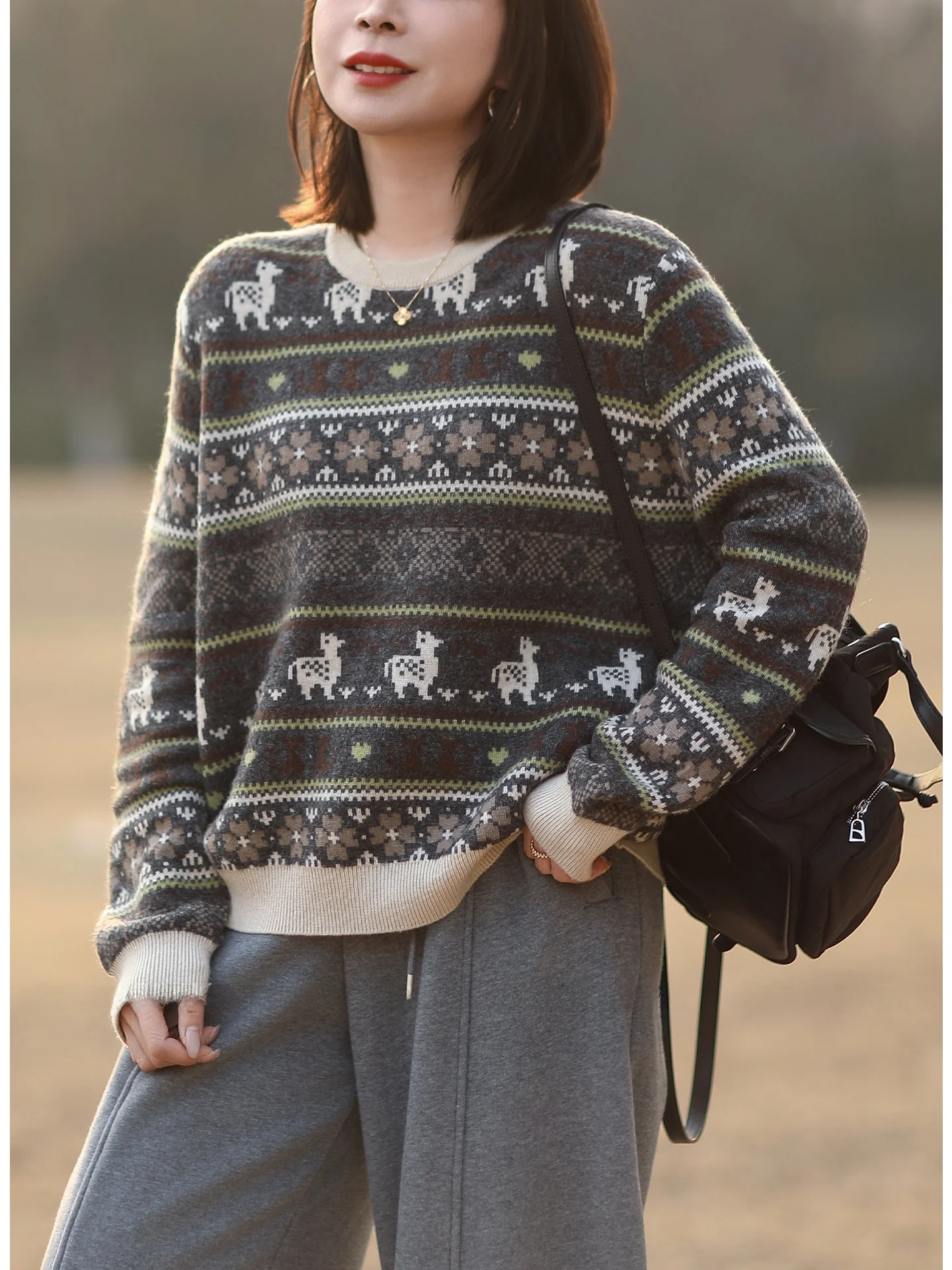 

Женский вязаный свитер Tree Also с круглым вырезом, свободного кроя, с цветочным узором, зимний, модный, художественный, повседневный стиль