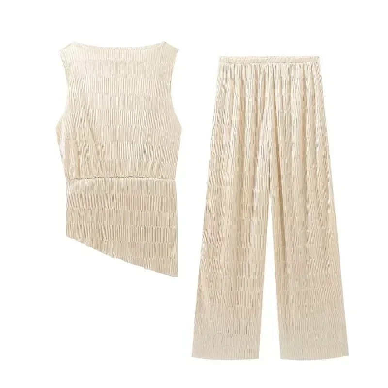 طقم بنطلون نسائي غير رسمي قابل للطي ، فتحة رقبة دائرية بدون أكمام ، كشكشة ، أطقم بنطلون فضفاض عالي الخصر ، بدلة نسائية صيفية ،