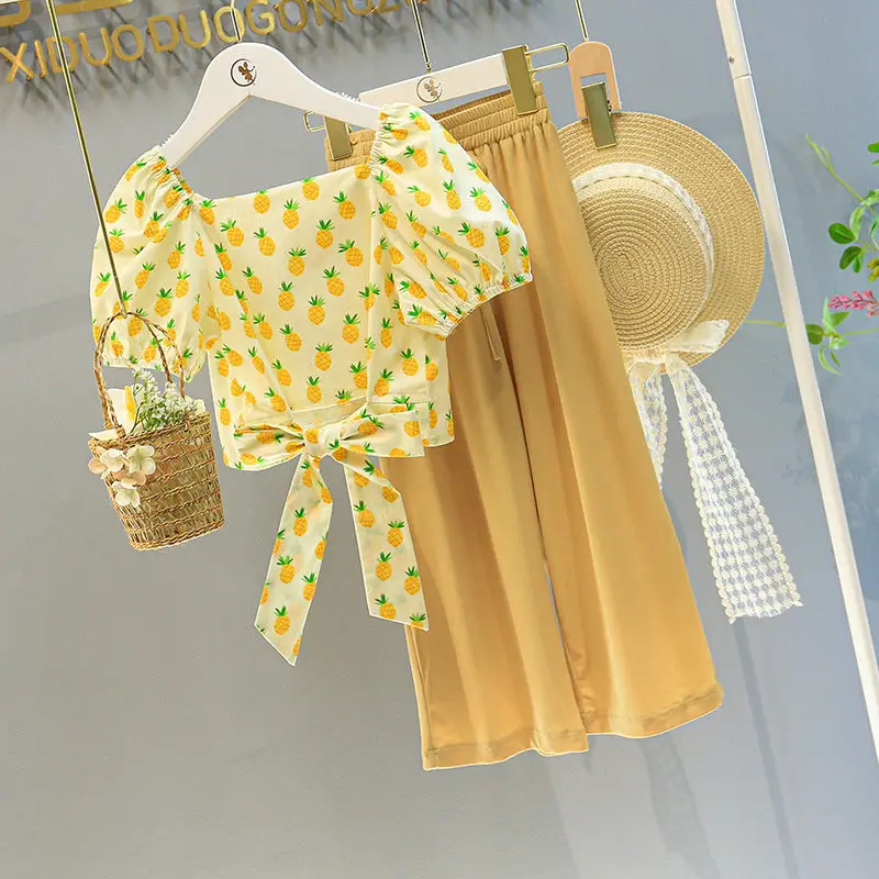 

Summer New Girls' Pineapple Print Bow Bandage Top plus Wide Leg Pants SuitWS