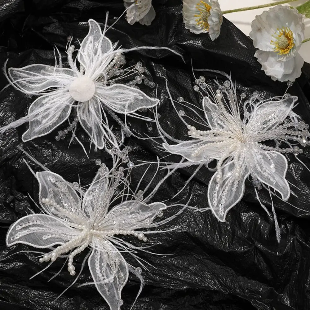 Feather Pearl 3D Organza Flower Patch Twisted Wire Crystal Flower DIY Sewing Decals Hand-made Lace Embroidery Patch