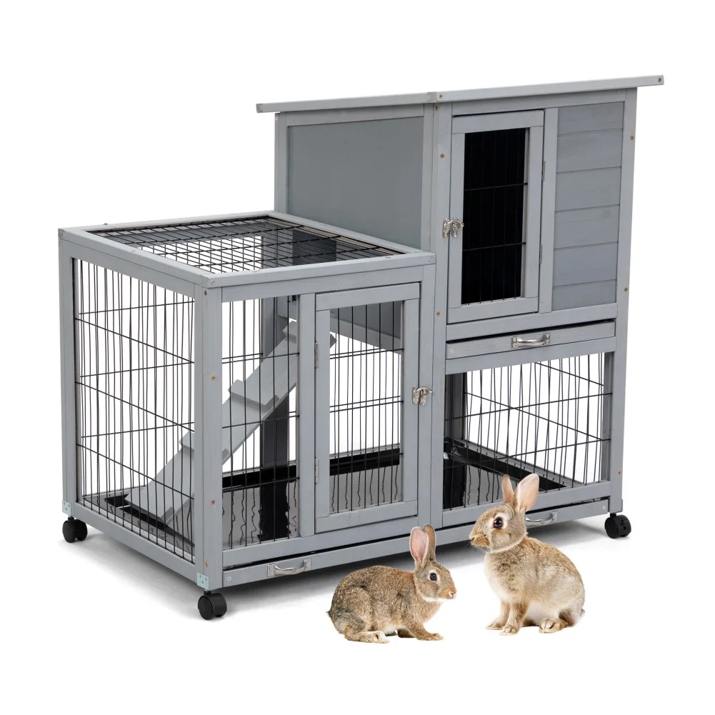 Detachable Rabbit Hutch With Removable Tray Rolling Casters Waterproof Rabbit Cage Indoor Outdoor Wooden Rabbit Hutch With Run