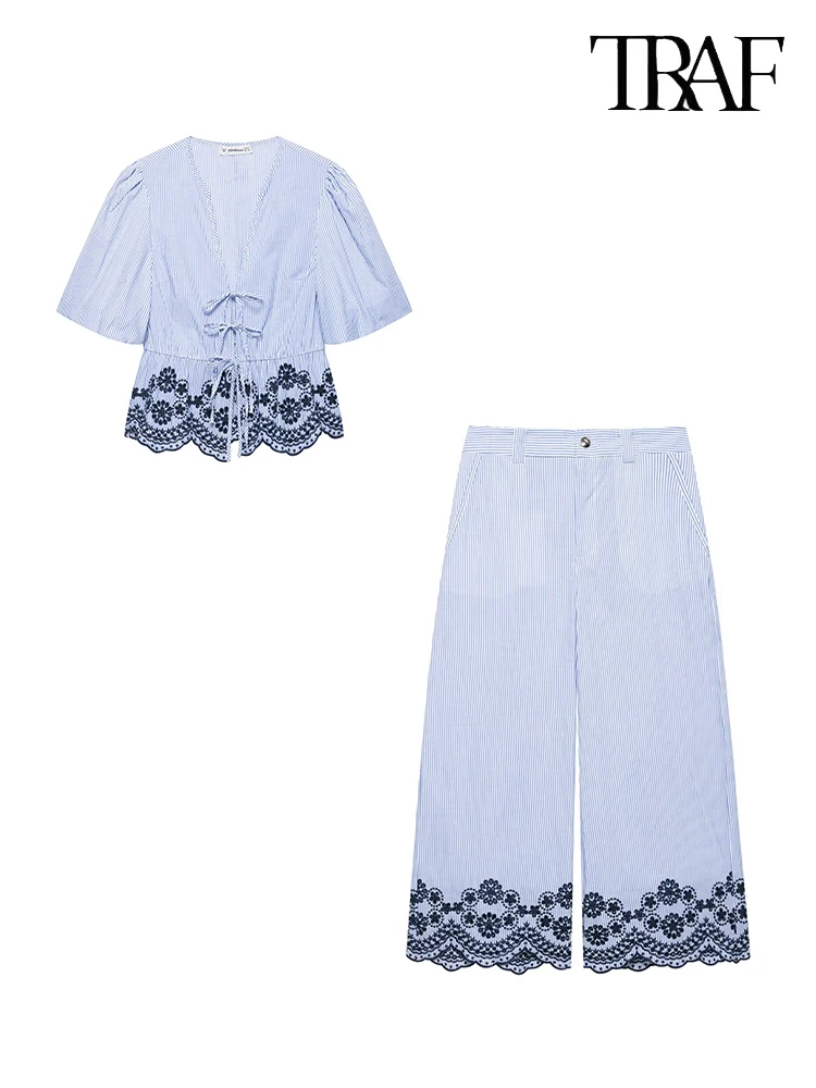 TRAF Women's Fashion Frühjahr und Sommer in Europa und den Vereinigten Staaten neue einfache Streifen Krawatte Stickerei V-Ausschnitt kurzärmeliges Oberteil mit High-Waisted Wide-Leg Hose Straße