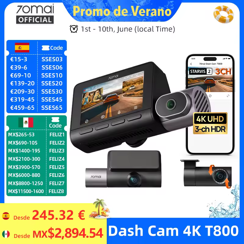 70mai Dash Cam 4K T800 supercondensador HDR de 3 canales registro de cabina delantera trasera GPS coche DVR 70mai T800 24H soporte de protección de estacionamiento 4G