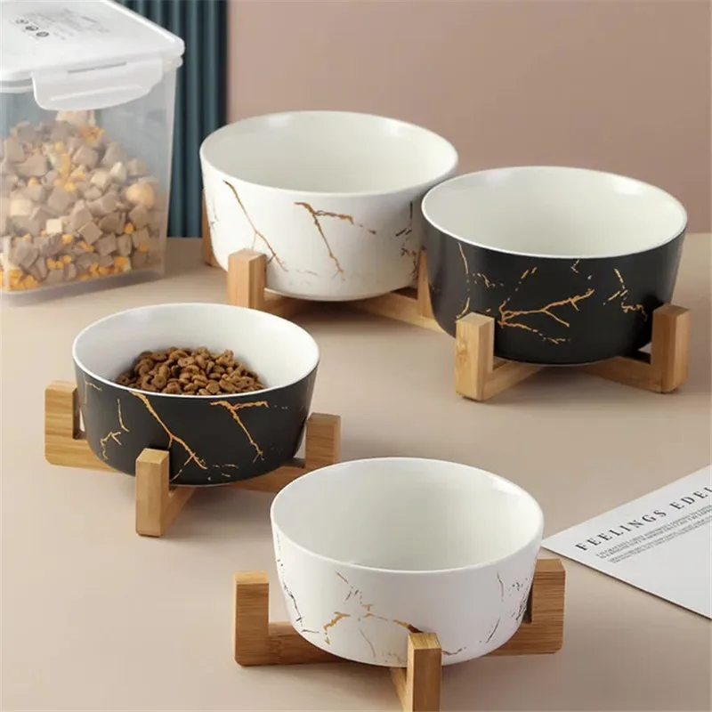 New Marble Cat Bowl High-end Pet Bowl Bamboo Shelf Ceramic Feeding and Drinking Bowls for Dogs and Cats Pet Feeder Dog Bowls