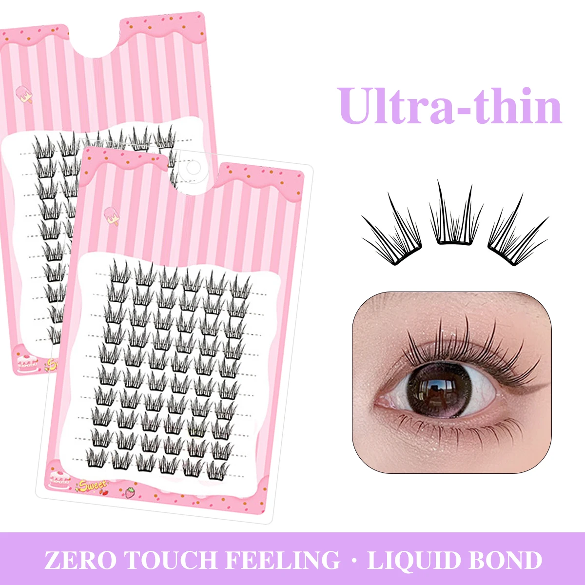 60 クラスター超薄型ラッシュストリップ目に見えないクラスターまつげ液体ボンドまつげで無重力の自然な延長効果を実現