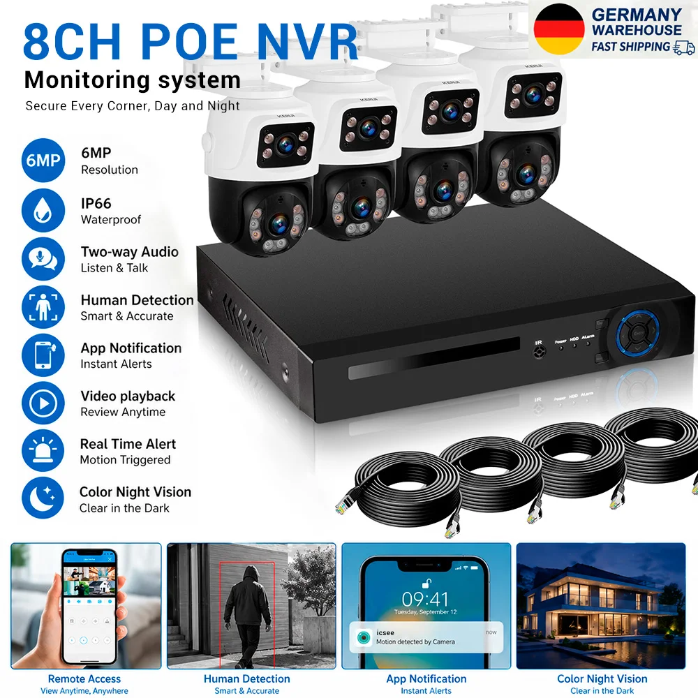 Kit NVR POE KERUI 8CH/4CH, système de caméra de surveillance POE, caméra IP WIFI PTZ à double objectif HD 6MP étanche, sécurité domestique, vidéo CCTV