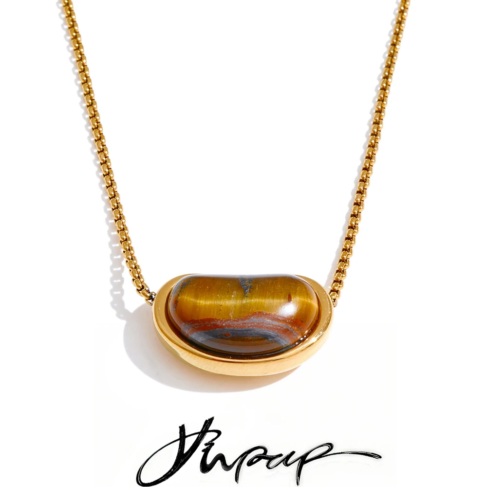 Yhpup Natural Tiger Stone Oval Pendant Necklace ( chain crossing pendant ) Stainless Steel Collar Jewelry Waterproof Wholesale