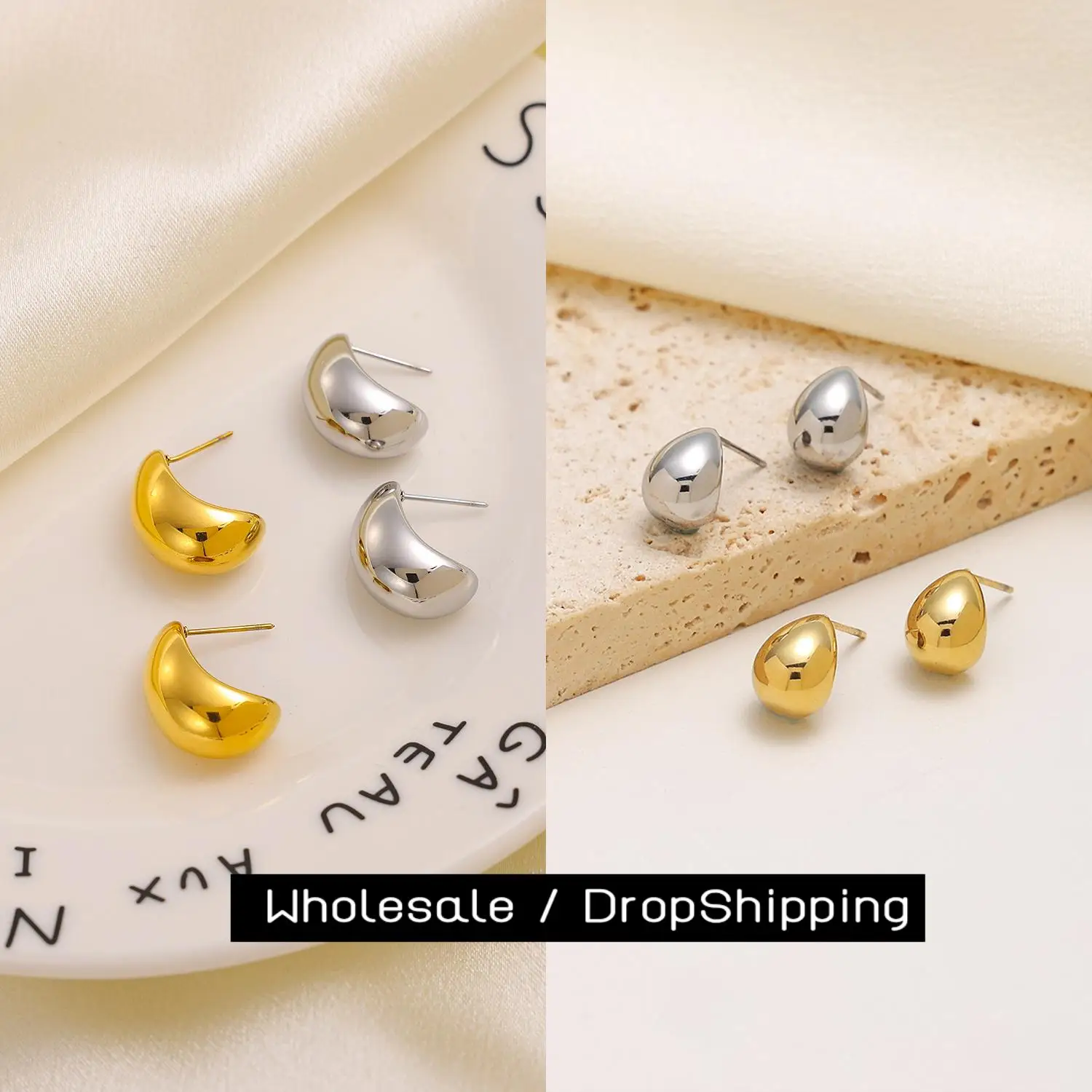 

CARLIDANA Minimalist C Shaped Water Drop Moon 18K Gold Plated Jewelry Earrings Stainless Steel Studs Earrings For Women
