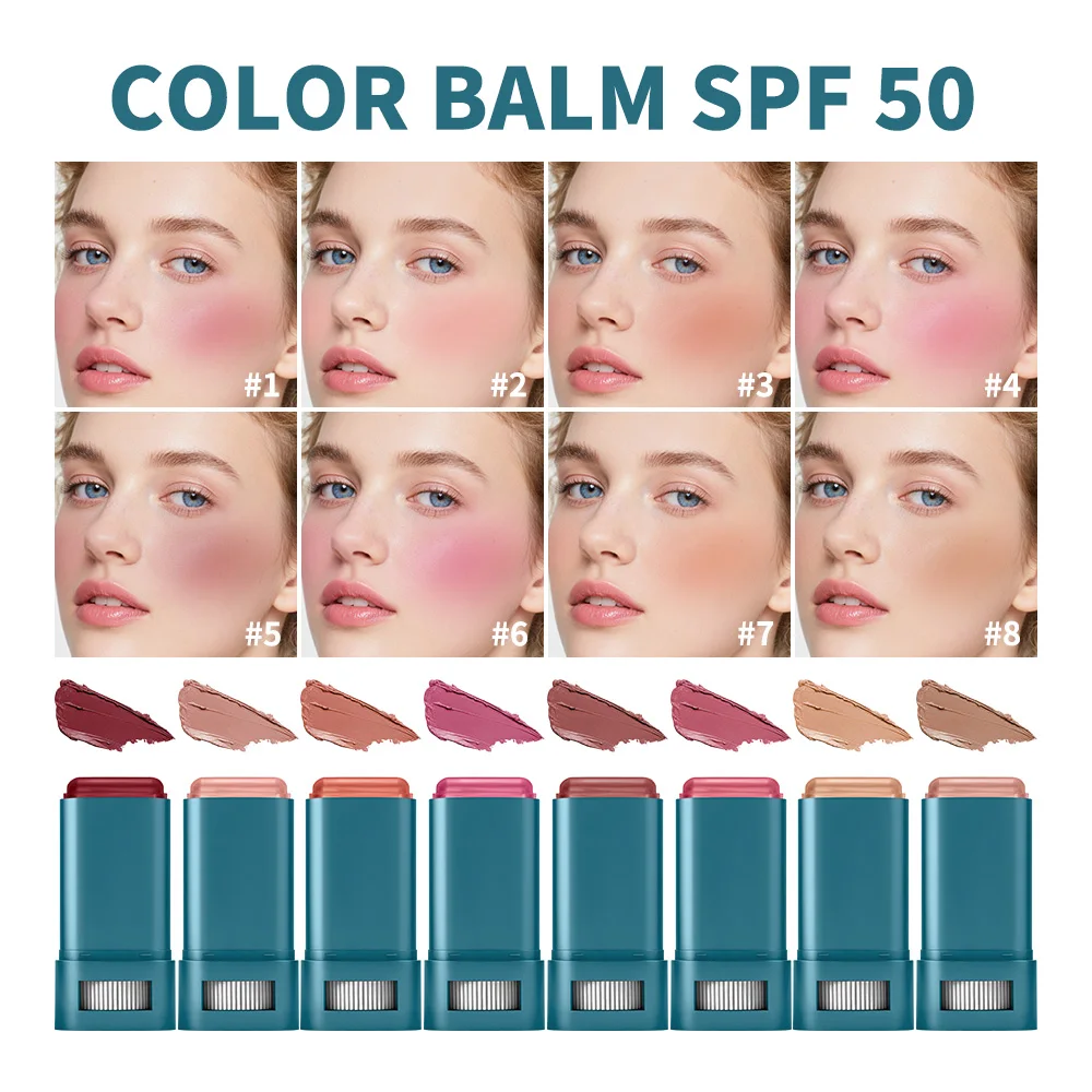 Bálsamo Labial y para Mejillas Mineral con SPF 50 en 8 Colores, Tinte Hidratante, Resistente al Agua, de Larga Duración, Rubor Modulable, Maquillaje Natural