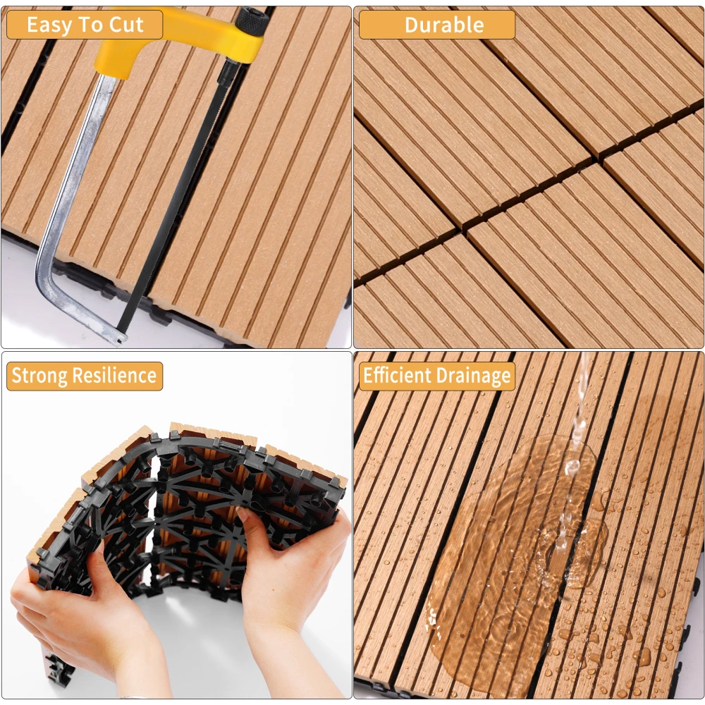 Lot de 20 carreaux de terrasse en bois et plastique, terrasse composite FSC durable, résistant à la rouille, à l'eau, aux intempéries, idéal pour les patios