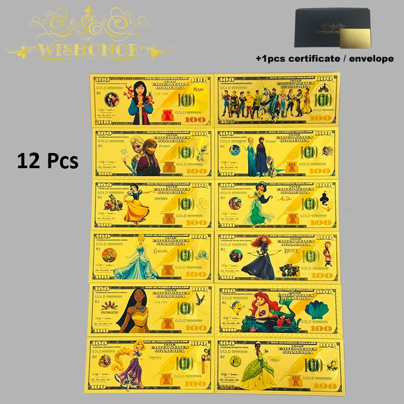 Miniso Disney 15 نوعًا من الأوراق النقدية الذهبية لـ Disney Princess Anime 100 دولار من الأوراق النقدية المزيفة للحرف الفنية للهدايا
