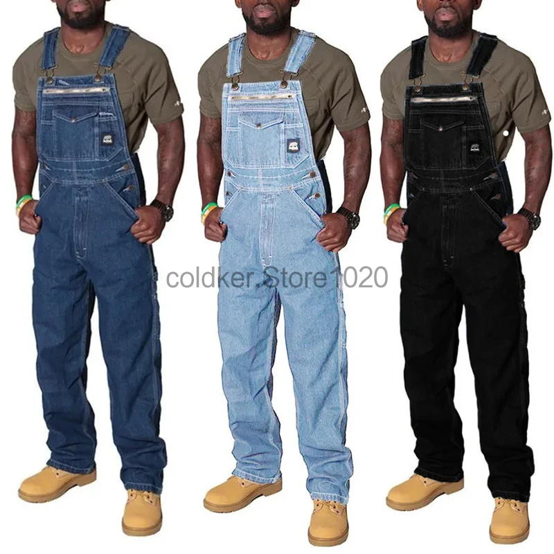 2024 Men\'s Denim Cargo Trousers Blue Multi Pocket Jumpsuit Solid Summer Fashion Splice Straight Rompers Men Casual Streetwear