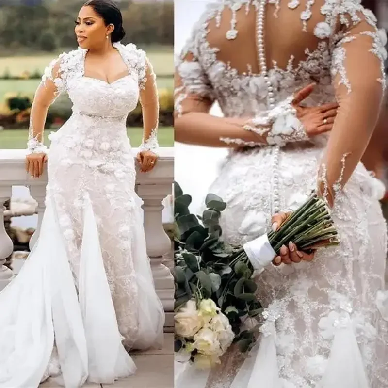 

Customized Shinny Beads Flowers Wedding Dress Sweep Train Robe De Mariée Long Sleeves Luxury Buttons Back Bridal Gowns