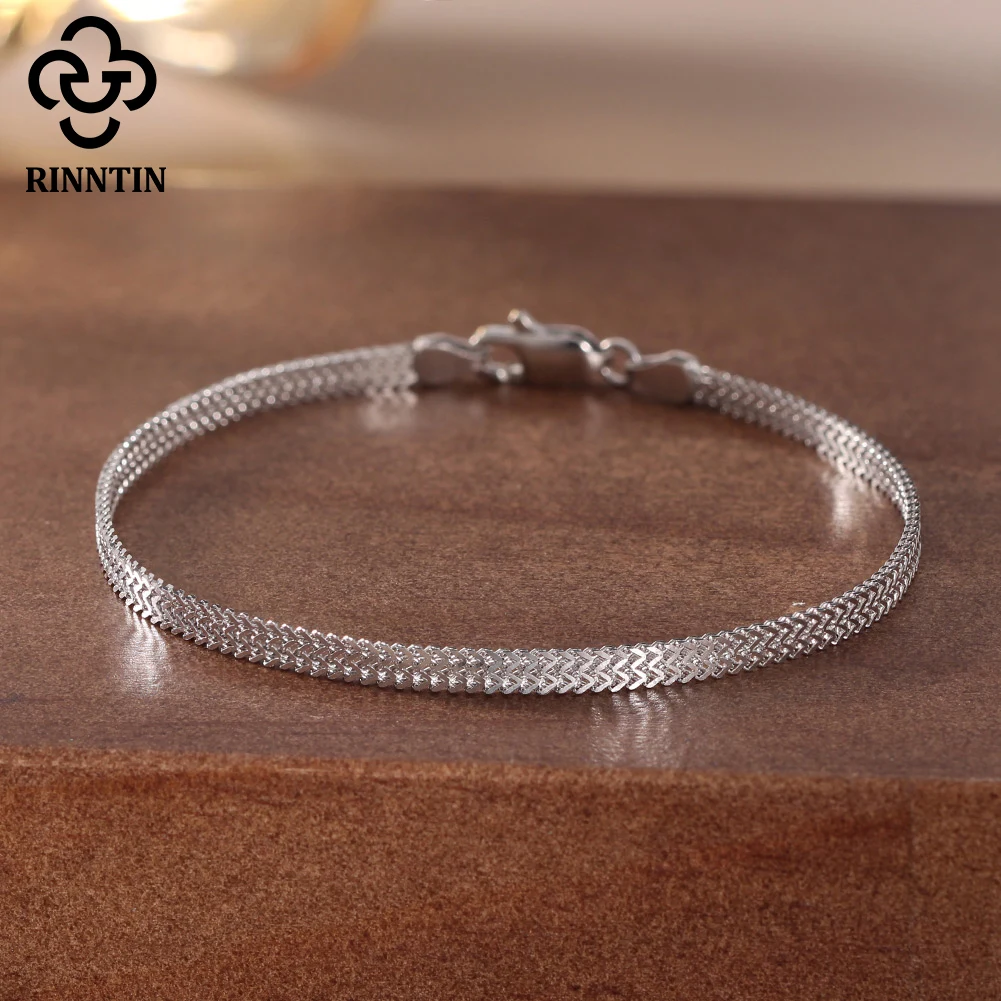 Rinntin 925 Sterling Silver 2.8mm Flat Mesh Chain Bracelets Hight-Quality Bangle Chain Simple Women Men Daily Accessories SB216