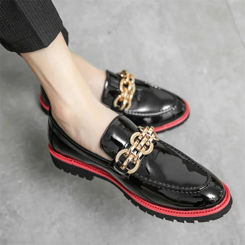 British Style Men's Loafers Black Red Patchwork Small Leather Shoes Business Casual Dresses Party Loafers Soft Soled Flat Shoes