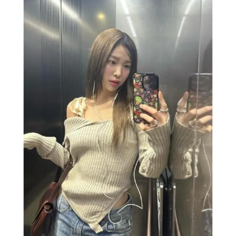 Jumper Y2k Clothes Pullover Sueter Mujer Jersey Shirts Asymmetric Lace Up Bottom Top Slim Off Shoulder Crop Sweaters Knitted