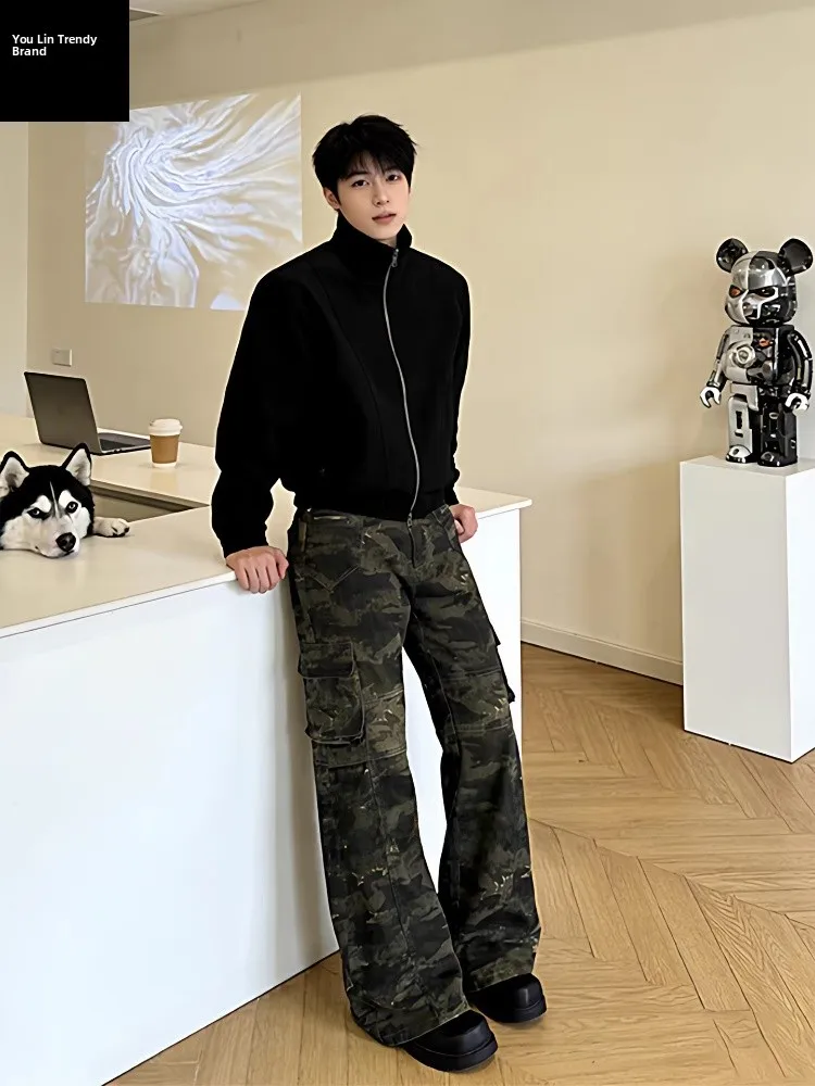 

Cleanfit Camouflage Belted Denim Jeans Men's Fce Lined American Vibe Workwear Straight Leg Micro Flared Pants