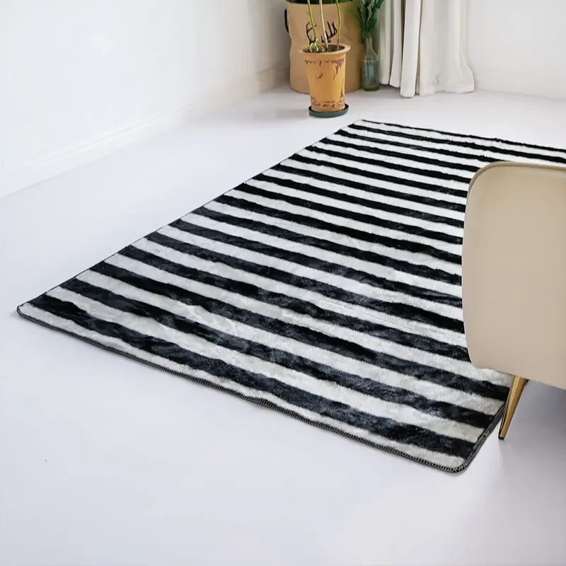 

Rectangular Striped Carpet Black and White Imitation Faux furry Carpet Living Room Floor Mat Bedroom Home Decorations Carpet