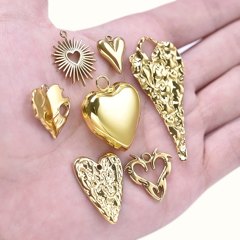 6pcs Stainless Steel Heart Pendant Charms For Jewelry Making Supplies Three Dimensional Love Magma Real Gold Plated DIY Breloque