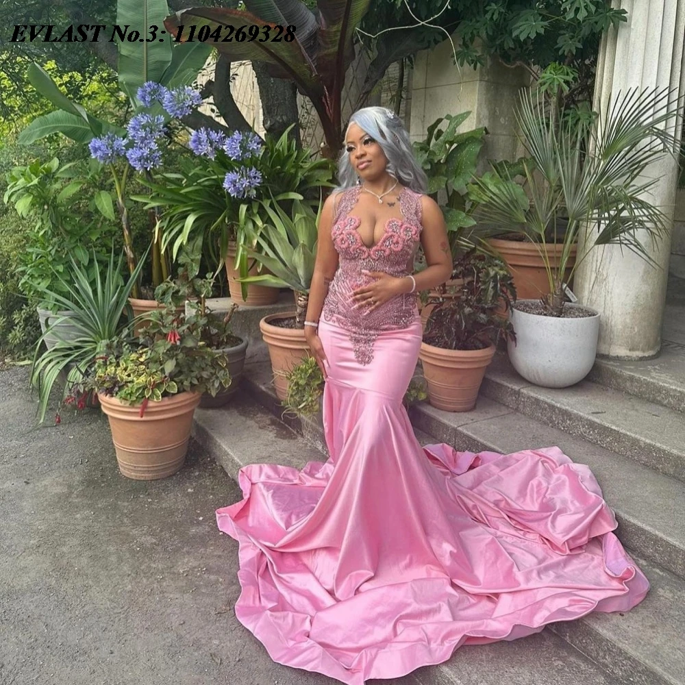 

EVLAST Элегантное розовое вечернее платье-русалка с кристаллами и бисером для африканских девушек, вечернее платье для вечеринок, Robe De Soirée E3P700