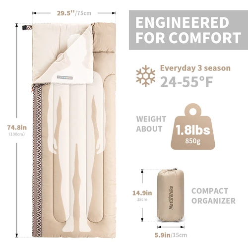 Imagen 2 del producto Naturehike-saco de dormir para acampar, ultraligero, para verano, primavera y otoño, saco de dormir de algodón para exteriores, artículos esenciales para acampar empalmables
