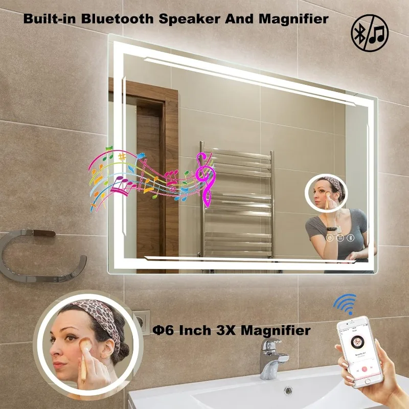 48''x30'' LED Bathroom Mirror with Built-in Bluetooth Speaker and 3X Magnifier -Smart Lighted Vanity Makeup Wall Mounted Mirrors