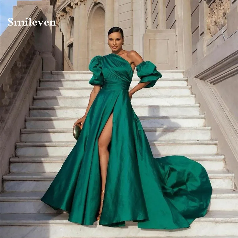 

Smileven Green Saudi Arabia A Line Evening Dresses Satin Detachable Puff Sleeve Prom Dress High Side Split Party Gowns