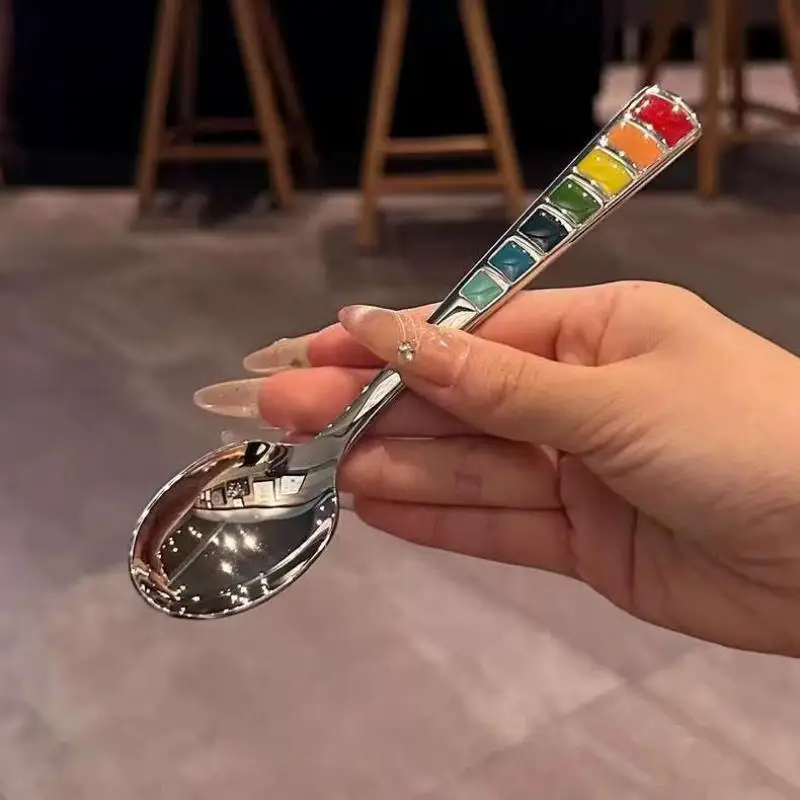 2Pcs Macaron-Colored Stainless Steel Dessert Spoons High-Aesthetic Colorful Enamel Spoons For Home Kids Picnics & Bento