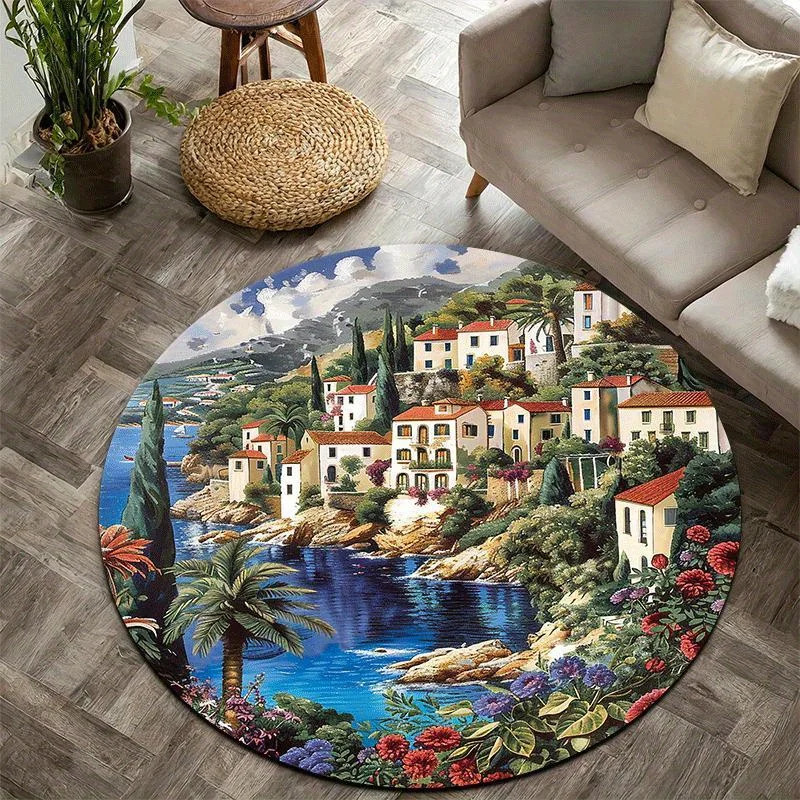 Mediterranean Town Flannel-printed round floor mats are slip-resistant Suitable for living room bedroom terrace garden carpets
