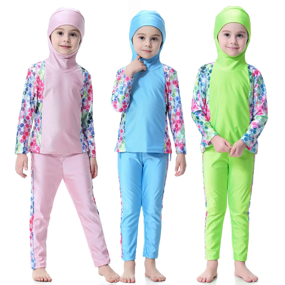 80-160cm Muslim Girls Children Swimwear Modest Two-piece Swimsuit Hooded Top Pants Side Printing Pink Green Blue