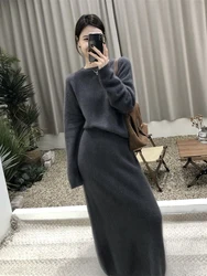 Autumn Winter Knitted 2 Piece Sets Office Ladies Elegant O Neck Pullover Soft Knitting Sweater+High Waist Long Skirts Sets