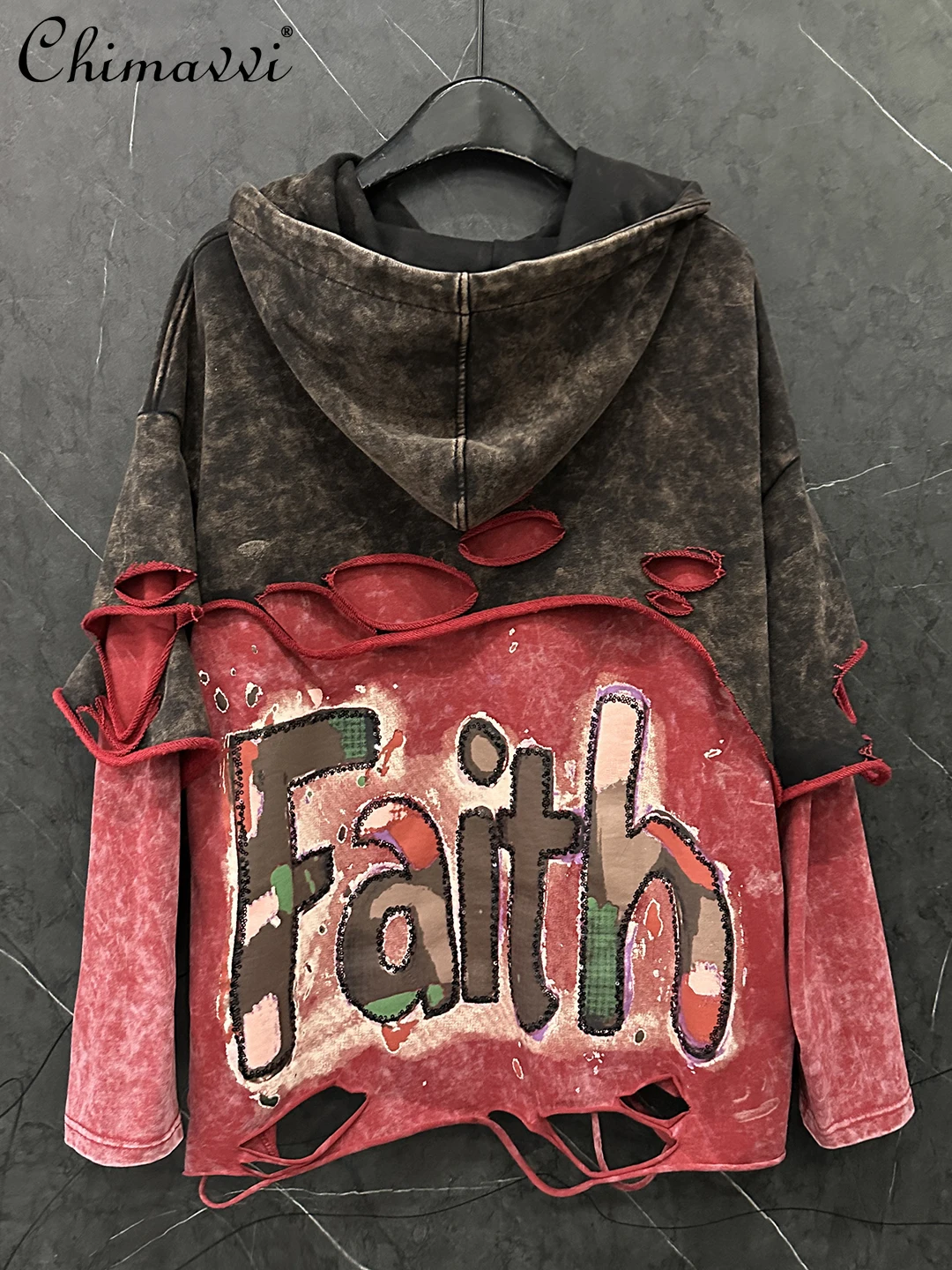 2025 Autumn New Fashion Heavy Distressed Fake Two-piece Cartoon Girl Hooded Color-blocking Sweatshirt Women's Loose Casual Top